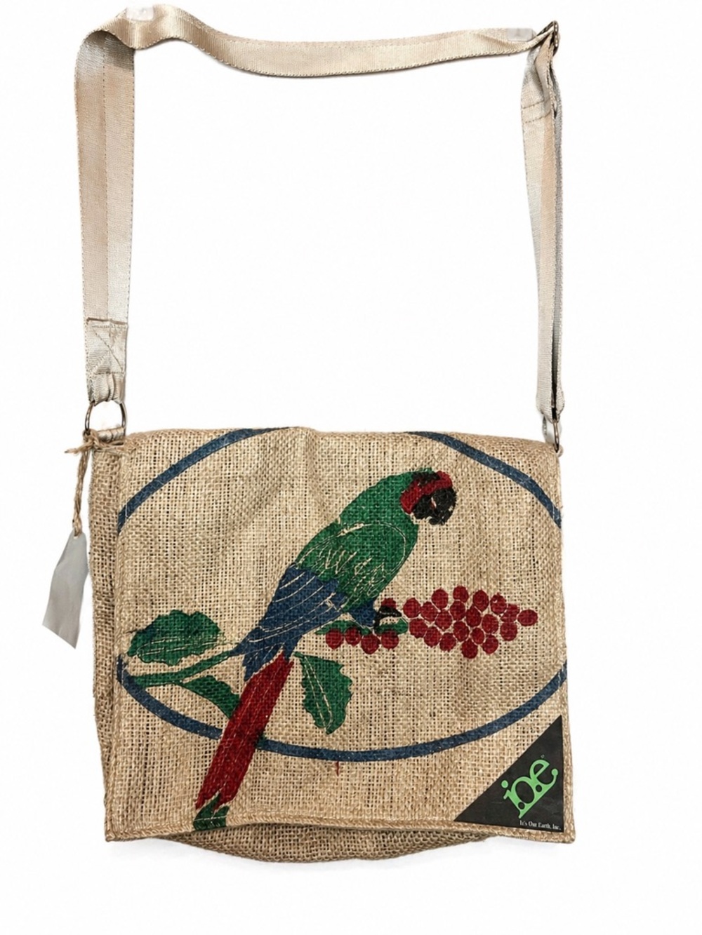 Burlap Messenger Bag Recycled Coffee Sack Parrot Print Eco Crossbody Boho